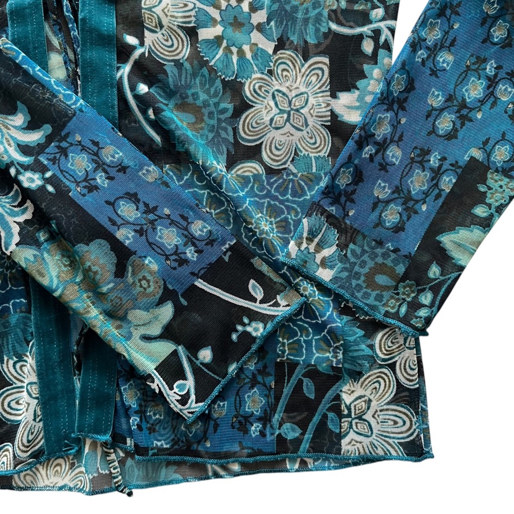 Nicola VTG Y2K Mesh Front Tie Velvet Trim Floral Long Sleeve Top M Fairy Grunge - Picture 7 of 12